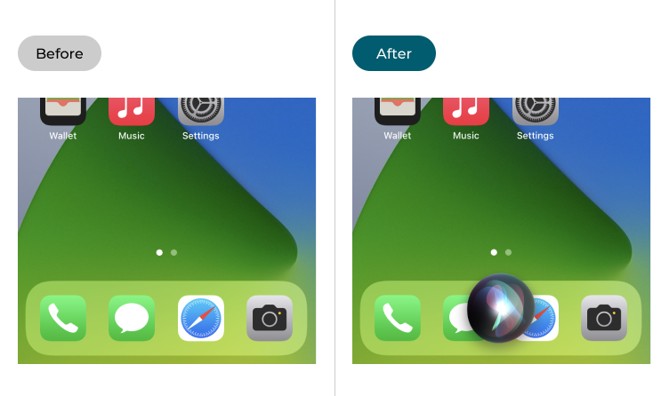 The iOS 15 Home screen before and after Siri is enabled 